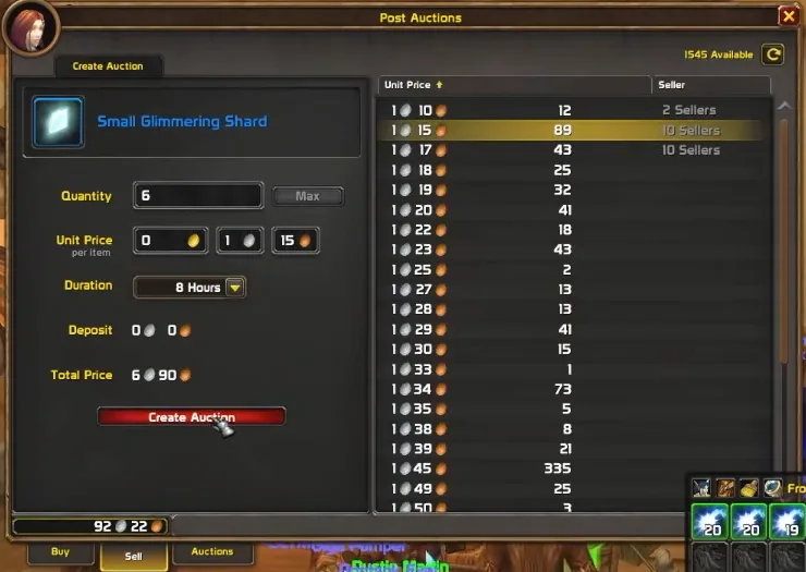 Post Auctions tab in the beta client for Small Glimmering Shard, with quantity, unit price, duration and deposit beside other sellers' listings