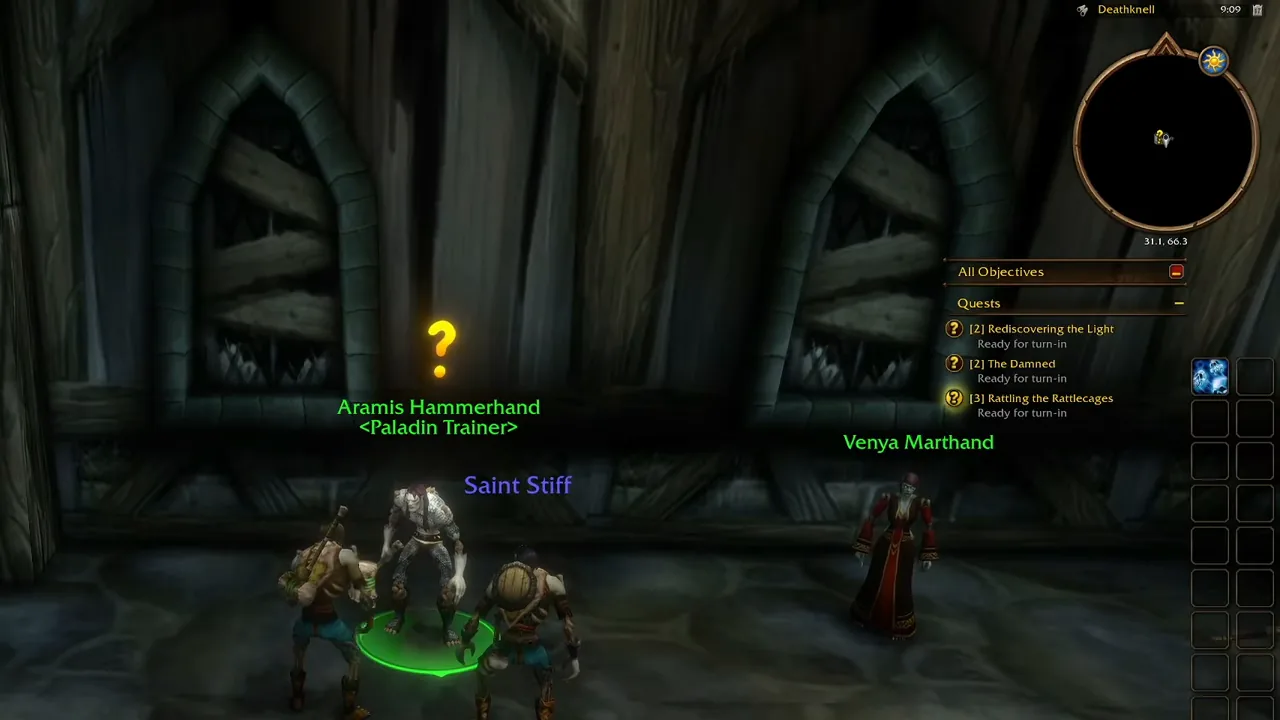 Deathknell quest tracker showing Rediscovering the Light ready for turn-in, beside Aramis Hammerhand, labeled Paladin Trainer, in the beta client