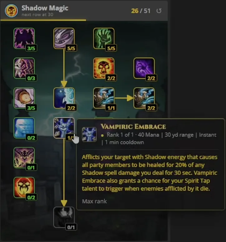 Descripción emergente de Unirse a vampírica en el panel de Sombra de una calculadora comunitaria de talentos de sacerdote, que describe una curación de grupo a partir del daño de hechizos de Sombra