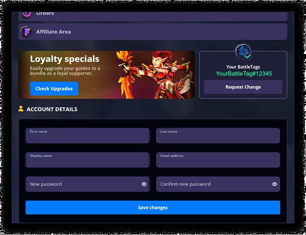 RestedXP-Kontoseite mit einem Feld „Your BattleTags“ mit YourBattleTag#12345 und einer Schaltfläche „Request Change“ neben einem Banner „Loyalty specials“