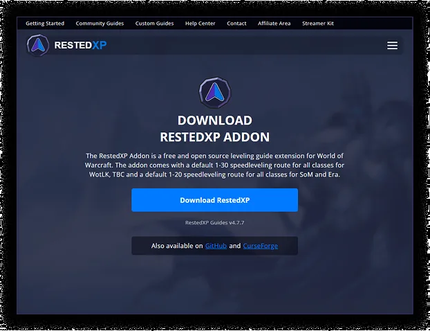 RestedXP-Downloadseite, die ein kostenloses Open-Source-Addon mit Standardrouten 1-30 und 1-20 beschreibt, mit einer Schaltfläche „Download RestedXP“ und Links zu GitHub und CurseForge
