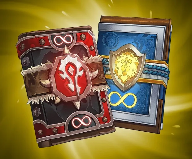 Guide-Grafik von RestedXP für WoW Forever mit einem roten Horde-Buch und einem blauen Allianz-Buch, beide mit einem Unendlichkeitssymbol geprägt