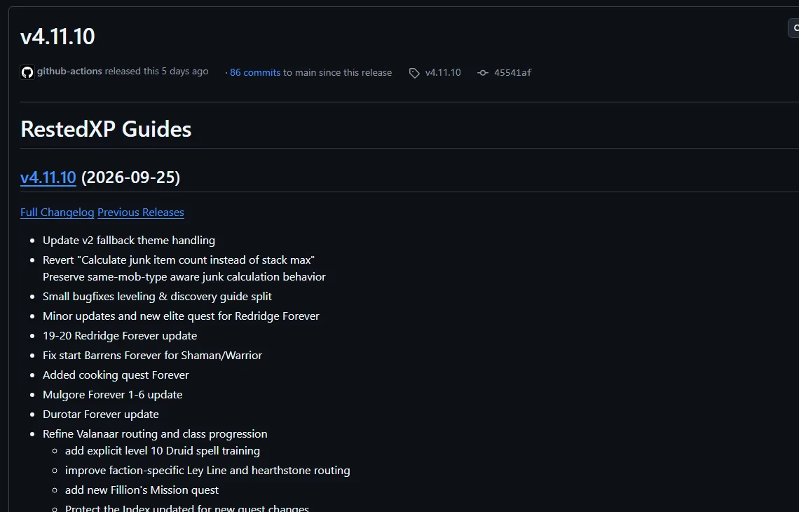 RestedXP-RXPGuides-Release v4.11.10 auf GitHub vom 25. September 2026 mit Forever-Updates für Rotkammgebirge, Brachland, Mulgore und Durotar