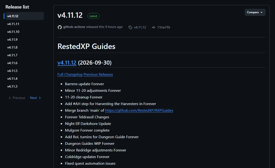 RestedXP-RXPGuides-Release v4.11.12 auf GitHub vom 30. September 2026 mit Änderungen an den Forever-Guides für Brachland, Mulgore, Teldrassil und Dungeons
