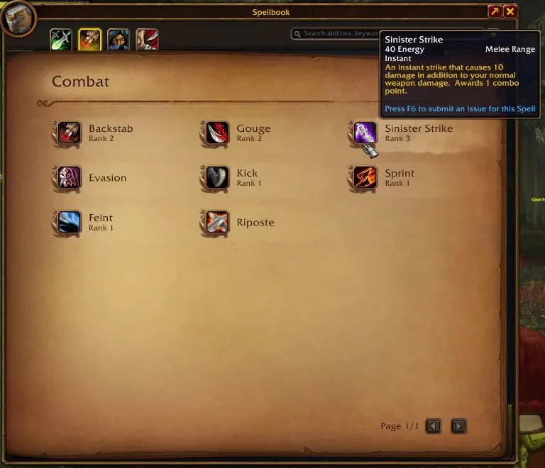 Zauberbuch des Schurken, Seite Kampf, im Beta-Client mit Meucheln, Gouge, Finsterer Stoß, Entrinnen, Tritt, Sprinten, Feint und Riposte, mit einem Tooltip
