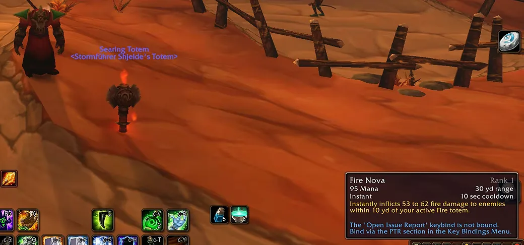 Tooltip von Feuernova Rang 1 im WoW-Forever-Beta-Client neben einem auf dem Boden aufgestellten Totem der Verbrennung, dessen Namensschild zeigt
