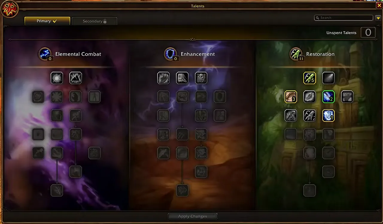 Talentfenster der WoW-Forever-Beta mit den Bäumen Elementar, Verstärkung und Wiederherstellung, mit 11 Punkten in Wiederherstellung