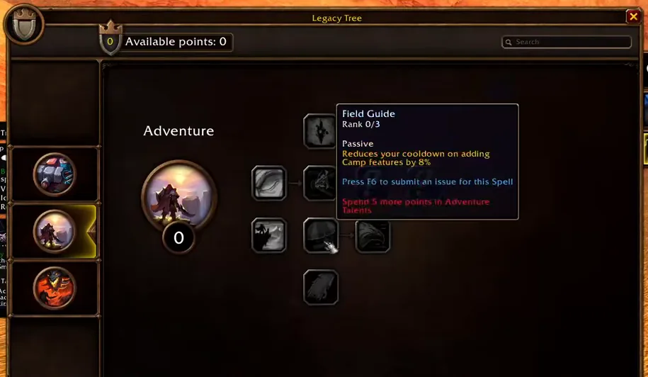 Fenster des Legacy Tree auf dem Reiter Adventure mit geöffnetem Tooltip von Leitfaden auf Rang 0 von 3, zur Abklingzeit der Camping-Features