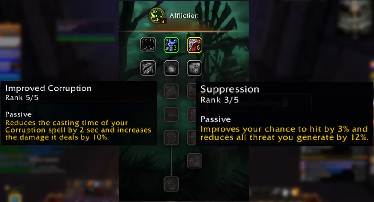 Árbol de talentos de Aflicción del brujo en la beta de WoW Forever con las descripciones emergentes de Corrupción mejorado 5/5 y Supresión 3/5 abiertas