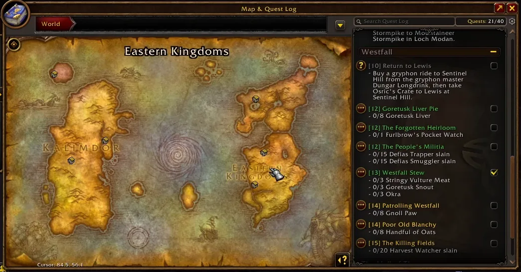Mapa y registro de misiones en la beta de WoW Forever, con el mapa del mundo junto a las misiones de Páramos de Poniente de los niveles 10 a 15