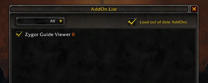 WoW-AddOn-Liste mit angehaktem Zygor Guide Viewer 8 und angehaktem Kästchen „Load out of date AddOns“ oben