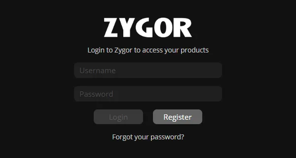 Ventana de inicio de sesión de Zygor Client que pide un nombre de usuario y una contraseña de Zygor, con las opciones Login, Register y Forgot your password