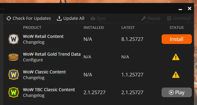 Produktliste des Zygor Clients mit getrennten Zeilen für WoW Retail Content, Retail Gold Trend Data, Classic Content und TBC Classic Content