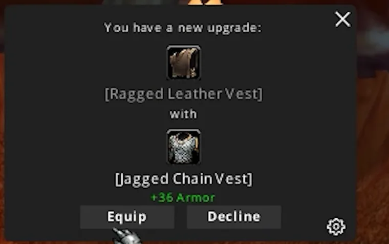Zygor-Hinweis auf ein Ausrüstungs-Upgrade, der anbietet, eine Ragged Leather Vest durch eine Jagged Chain Vest für +36 Rüstung zu ersetzen, mit den Schaltflächen Equip und Decline