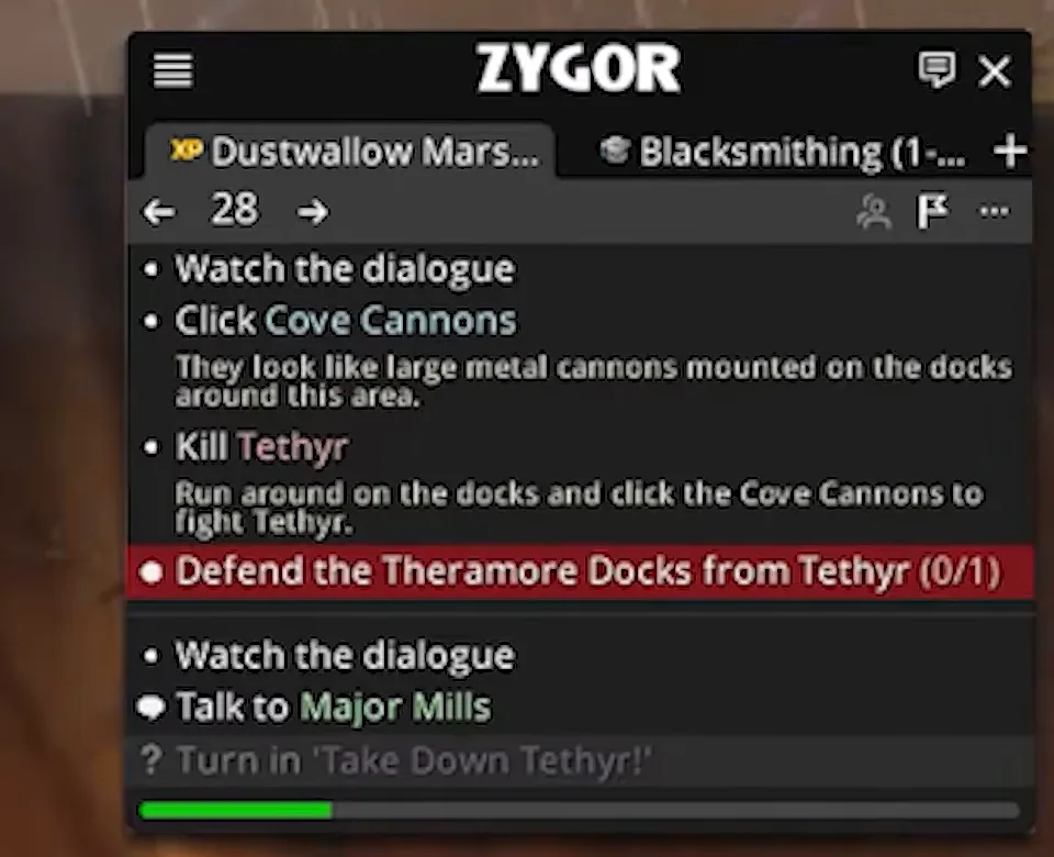 Zygor Guide Viewer im Retail-WoW mit einem Leveling-Schritt in den Marschen von Dustwallow, mit „Click Cove Cannons“ und rotem Ziel „Defend the Theramore Docks“