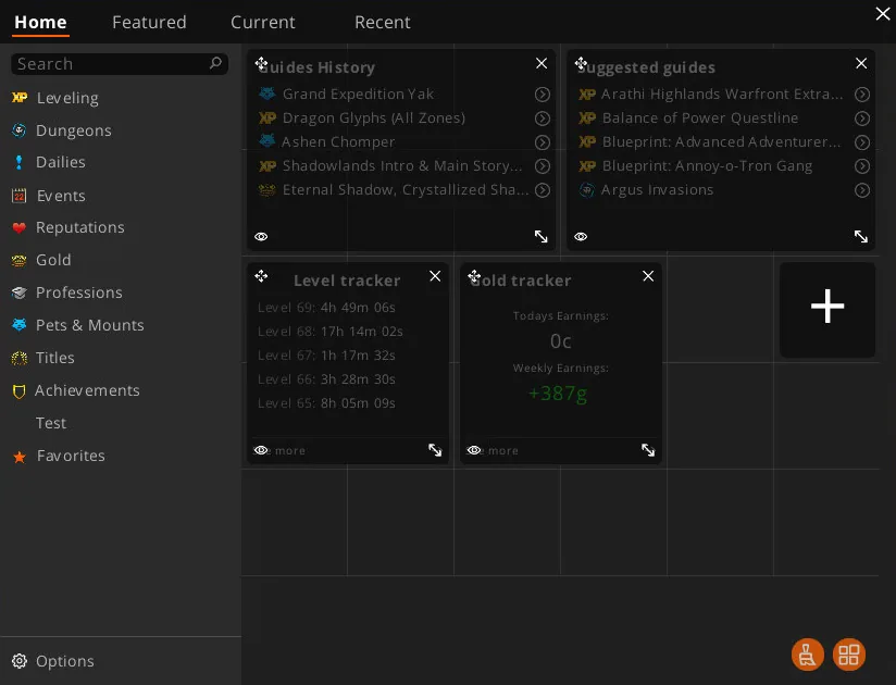 Zygor Guide Viewer home panel with a sidebar of guide categories from Leveling and Dungeons to Pets & Mounts, beside level and gold trackers