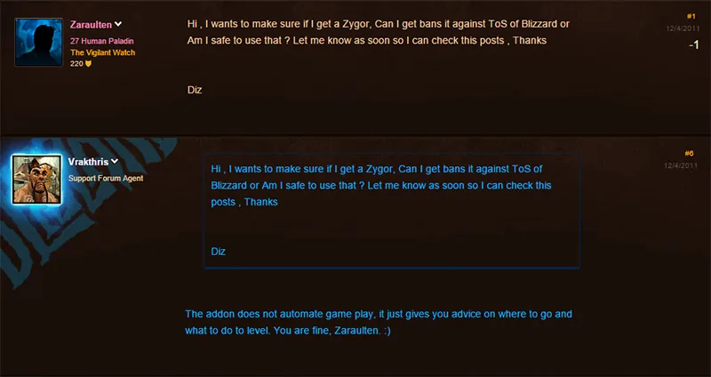 Blizzard-Forenthread auf Zygors Startseite, in dem ein Support-Forum-Agent einem Spieler sagt, das Addon automatisiere das Spielgeschehen nicht