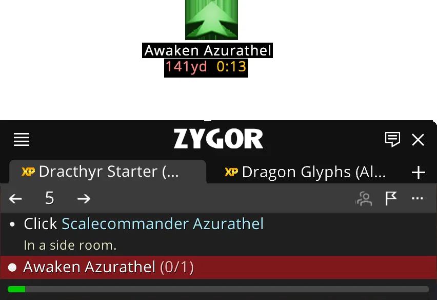 Zygor Guide Viewer de la página principal de Zygor en un paso inicial de dracthyr, con una flecha de ruta verde que señala a Awaken Azurathel a 141 yardas