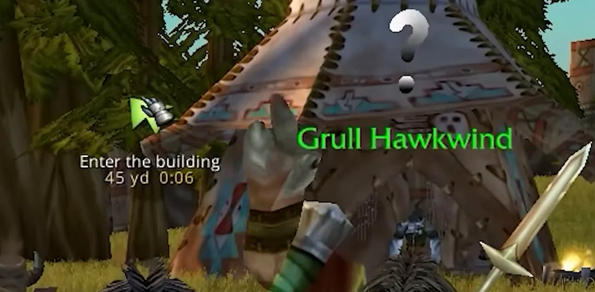Zygor-Wegpunktpfeil neben einem Tauren in Bloodhoof Village mit der Anzeige „Enter the building, 45 yd“ und einer Reiseschätzung von sechs Sekunden