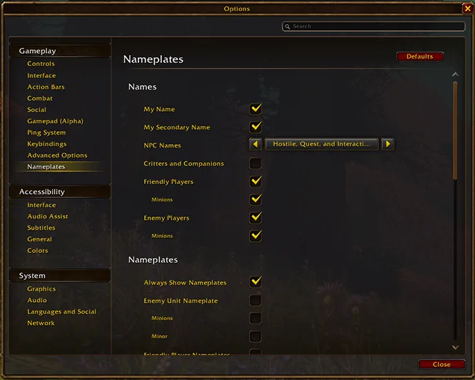 WoW-Forever-Optionen mit geöffnetem Reiter „Nameplates“, mit den Kontrollkästchen „My Secondary Name“ und „Enemy Unit Nameplate“ neben den Einstellungskategorien