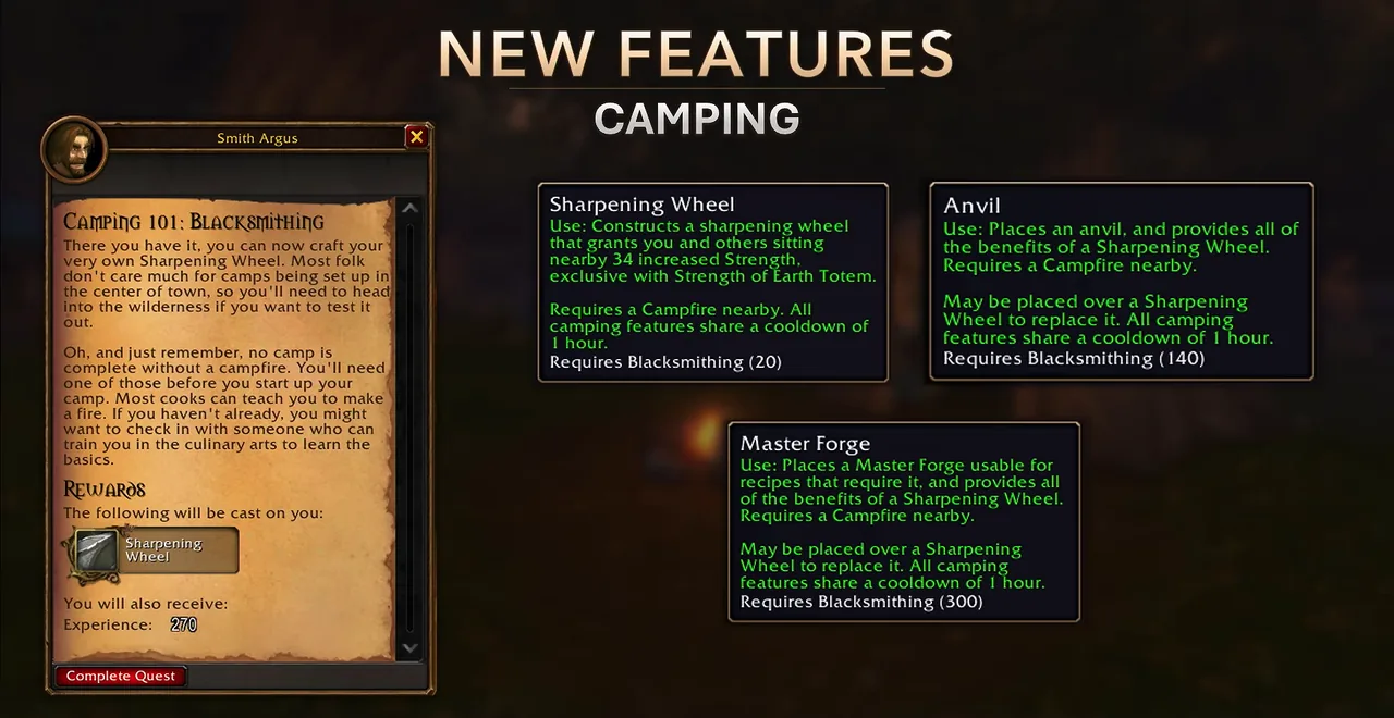 Diapositive Camping du Deep Dive avec Camping 101 : Forge, texte de quête et infobulles de la Meule à aiguiser, de l’Enclume et de la Forge magistrale