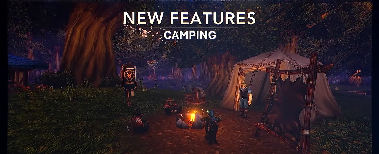 Diapositive du Deep Dive intitulée New Features, Camping, sur un campement en jeu avec une tente, un séchoir à peaux, une bannière, un feu de camp et plusieurs personnages