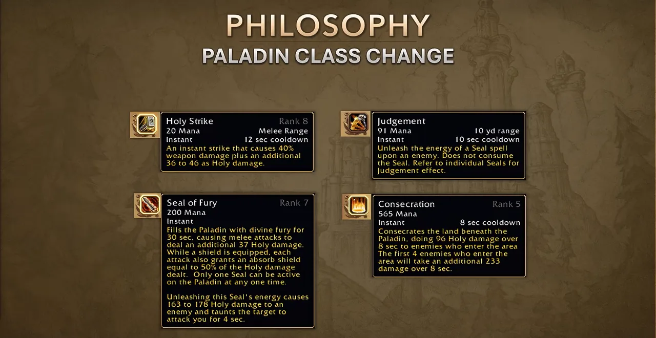 Diapositive du Deep Dive intitulée Paladin Class Change avec les infobulles de Frappe sacrée, Jugement, Sceau de fureur et Consécration