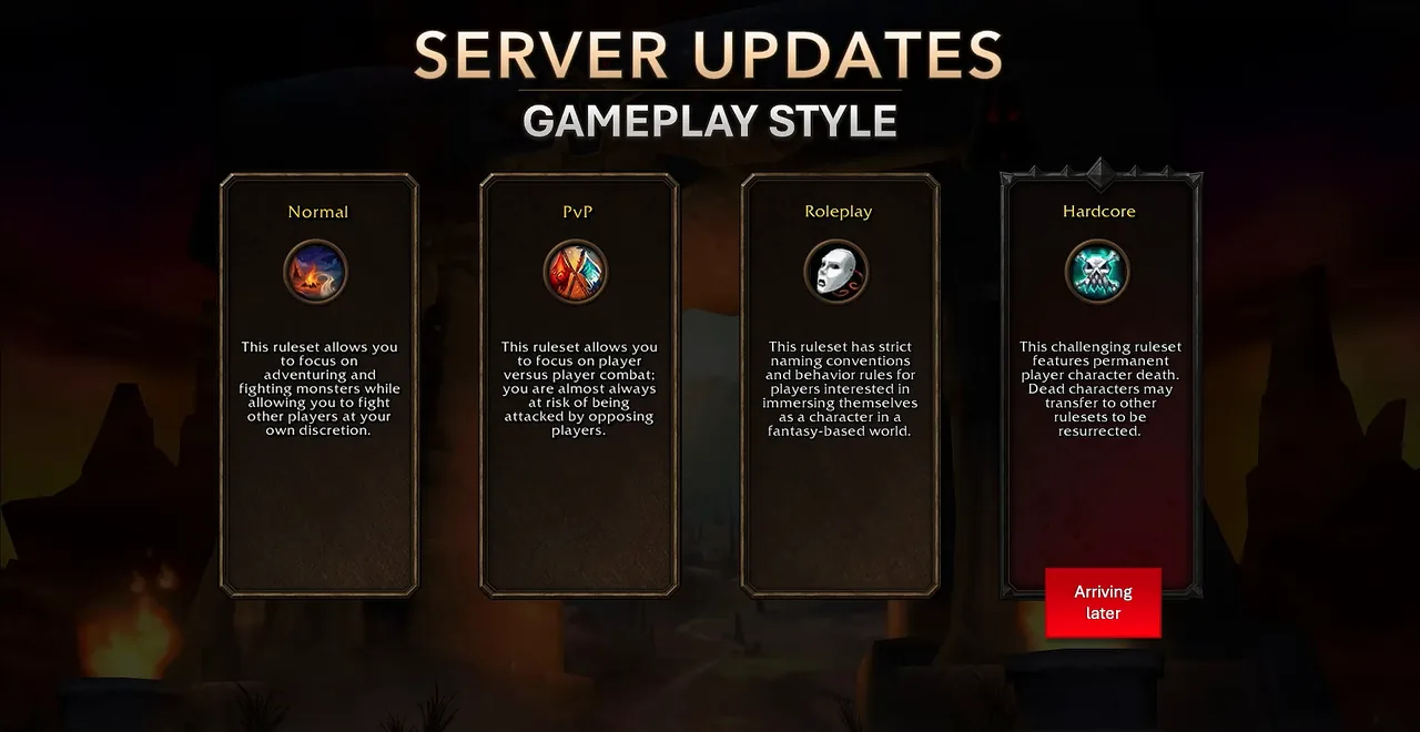 Diapositive du Deep Dive intitulée Server Updates, Gameplay Style, avec quatre cartes de ruleset (Normal, PvP, Roleplay, Hardcore) et une étiquette Arriving later sur Hardcore