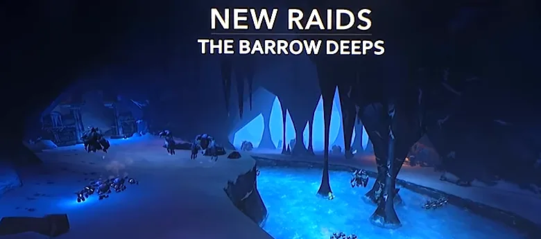 Pantalla del panel What's Next con el texto New Raids, The Barrow Deeps, que muestra una caverna iluminada de azul con una charca brillante y pequeñas criaturas