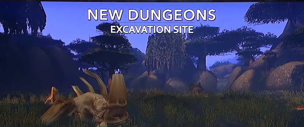 Bildschirm des What's-Next-Panels mit dem Text „New Dungeons, Excavation Site“ über einer Grasebene in der Dämmerung mit riesigen Bäumen mit flachen Kronen und einem großen Skelett