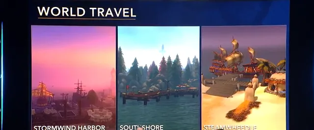 Folie des Found-Photographs-Panels mit dem Titel World Travel und drei Hafenszenen, beschriftet mit Stormwind Harbor, South Shore und Steamwheedle