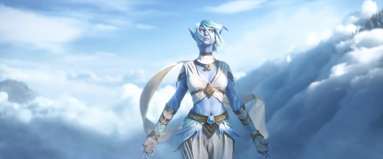 Blue-skinned figure with white hair above a sea of clouds in the New Horizons cinematic