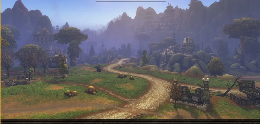 A dirt road winding through green Riverglades hills toward a pagoda-roofed fortress on a ridge, from Blizzard's PAX Aus keynote