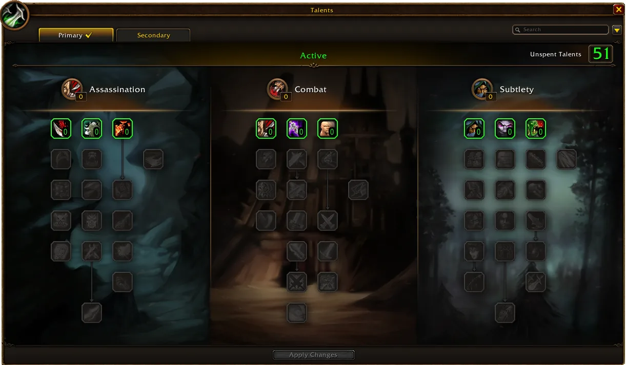 The official WoW Forever Rogue talent interface with Assassination, Combat, and Subtlety trees side by side and 51 unspent talent points