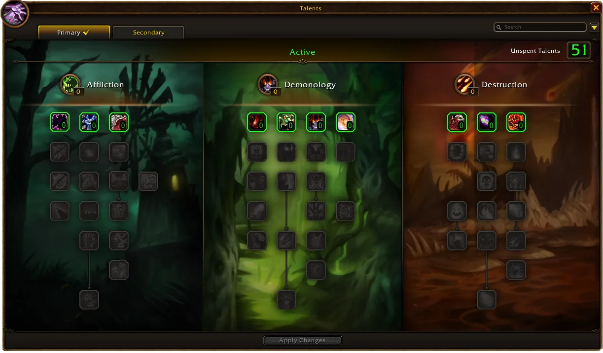 The official WoW Forever Warlock talent interface with Affliction, Demonology, and Destruction trees side by side and 51 unspent talent points