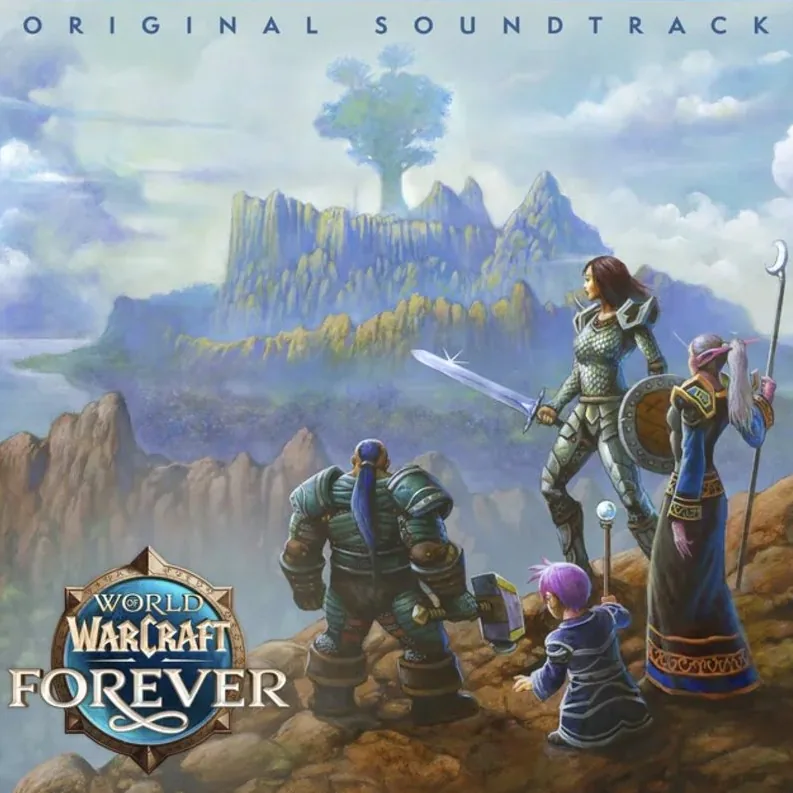 The World of Warcraft: Forever Original Soundtrack cover, heroes in the foreground before a floating island with a large tree