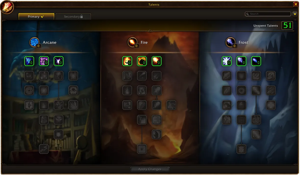 Die offizielle Talentoberfläche des Magiers in WoW Forever mit den Bäumen Arkan, Feuer und Frost nebeneinander und 51 nicht ausgegebenen Talentpunkten