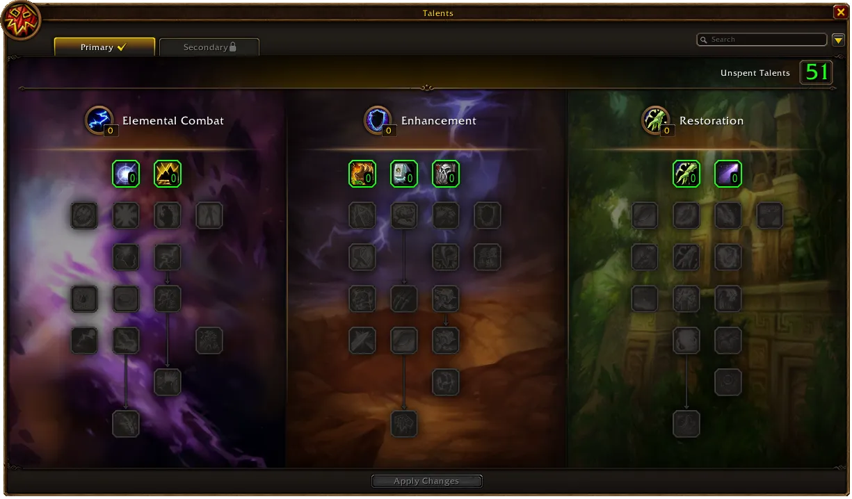 Die offizielle Schamanen-Talentoberfläche von WoW Forever mit den Talentbäumen Elementar, Verstärkung und Wiederherstellung