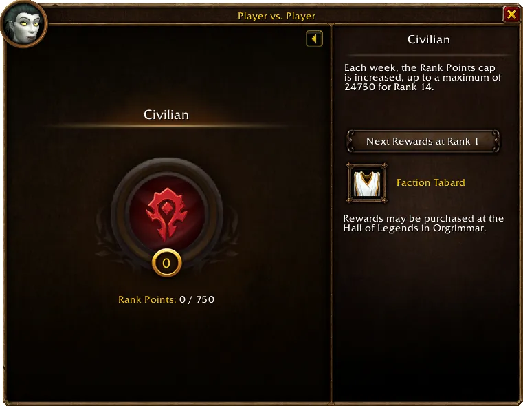 Panel de personaje Jugador contra Jugador de WoW Forever de Blizzard, con la progresión de rango y la interfaz de recompensas