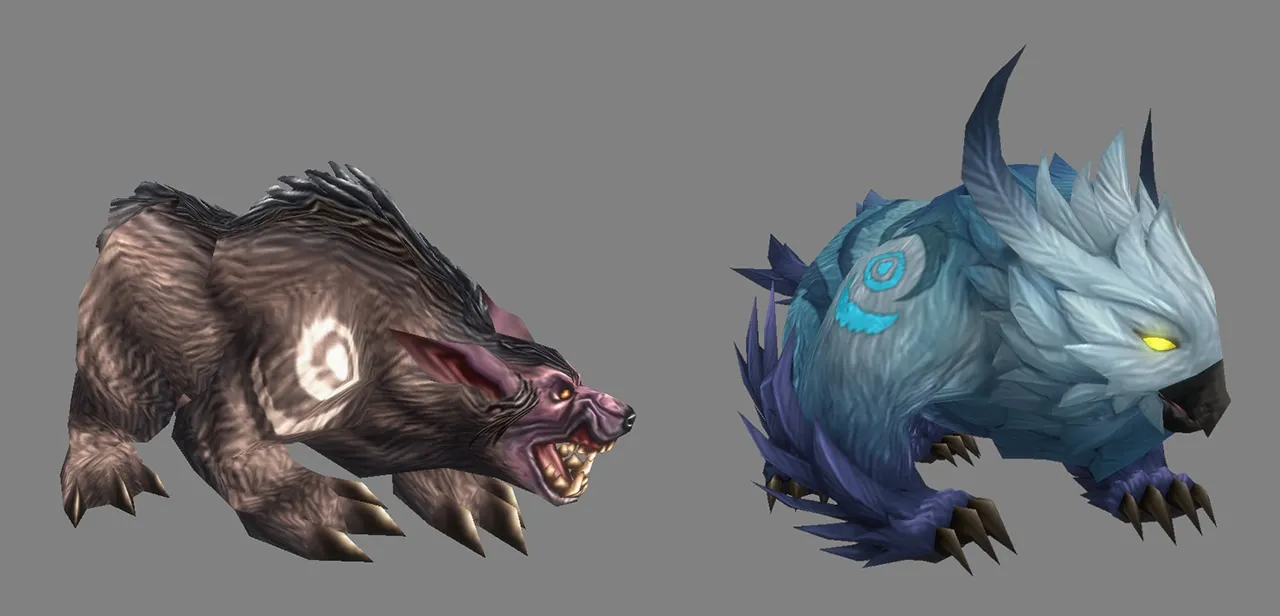 Blizzard-Artwork zweier Bärenformen der Skyborne-Druiden, eine braun mit hellen Markierungen, eine blau mit Mähne und gebogenen Hörnern