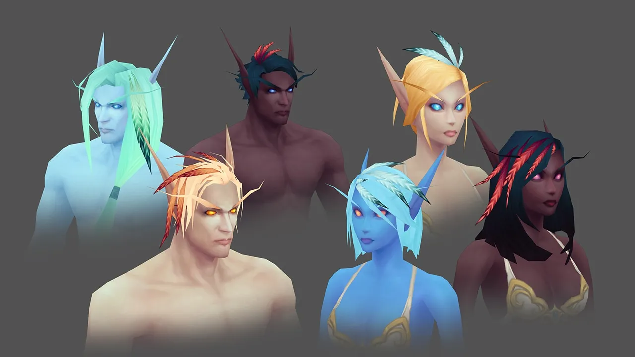 Sechs frühe Charaktermodelle (Kopf und Oberkörper) der Skyborne in Standard Definition mit kantigem Haar, langen Ohren und blauen, hellen oder dunklen Hauttönen