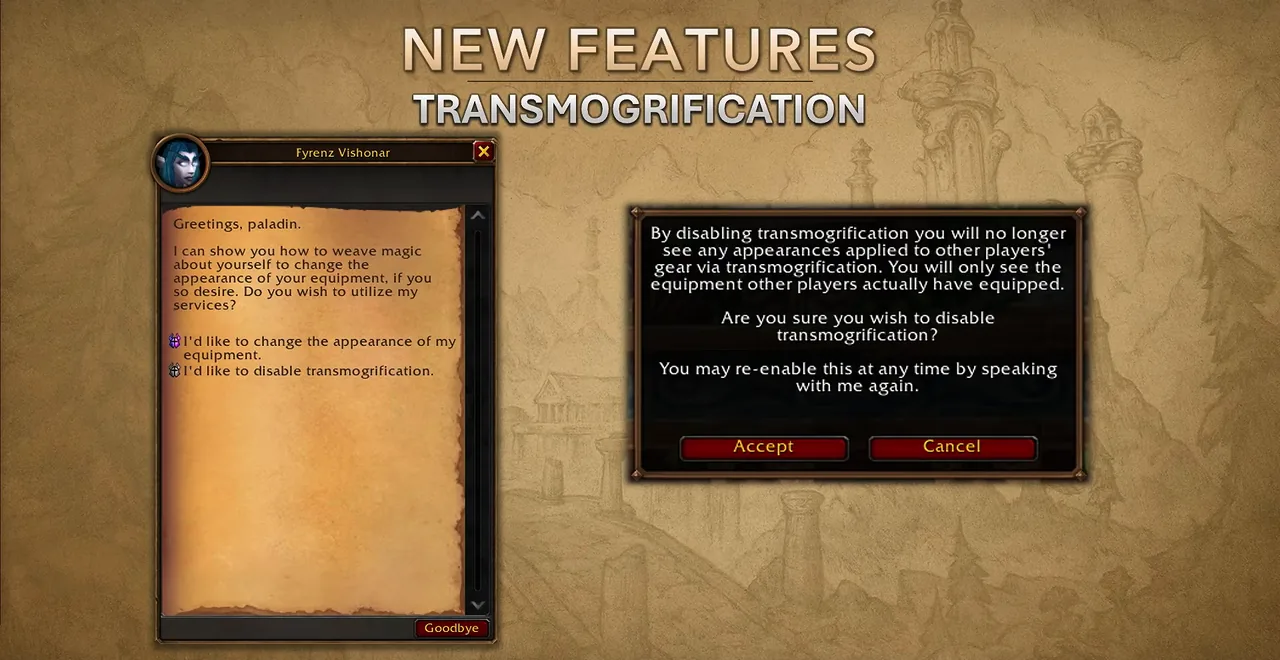 Folie zur Transmogrifikation aus dem Deep Dive mit dem Dialog eines Transmogrifizierer-NPCs und einem Fenster, das Spieler bittet, das Deaktivieren der Transmogrifikation zu bestätigen