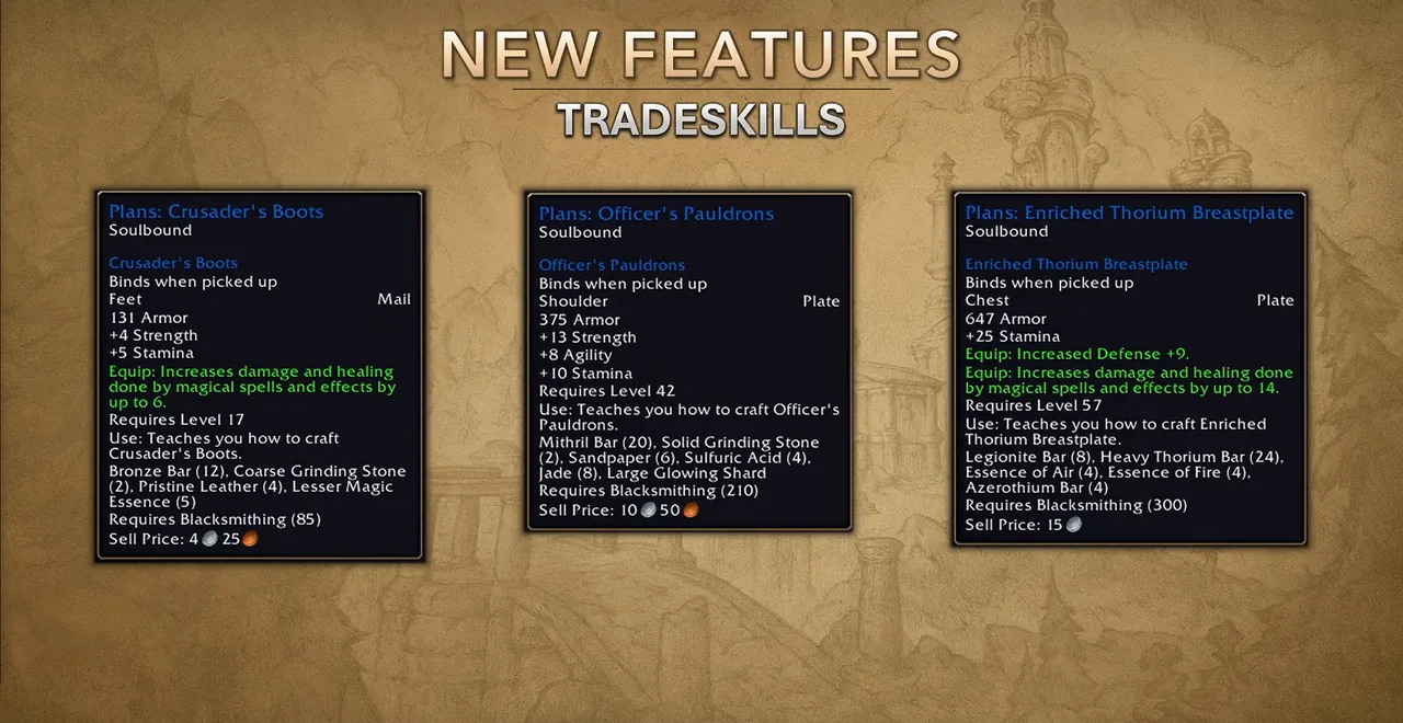 Deep-Dive-Folie zu den Berufen mit drei Tooltips zu Schmiedekunst-Plänen: Crusader's Boots, Officer's Pauldrons und Enriched Thorium Breastplate