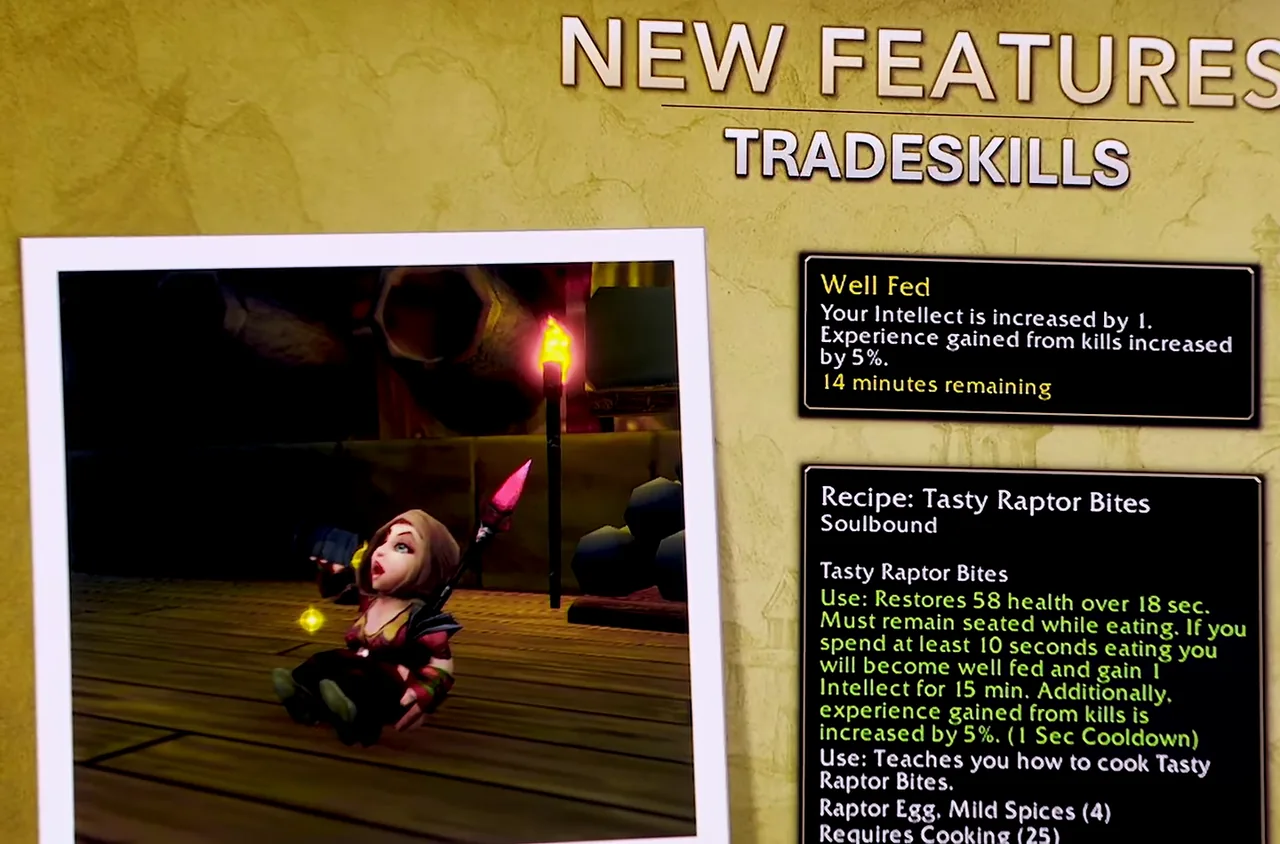Deep-Dive-Folie zu den Berufen mit einem Well-Fed-Tooltip und einem Rezept für Schmackhafte Raptorenhappen, beide mit einem Bonus auf Erfahrung durch Kills, neben einem Ingame-Bild