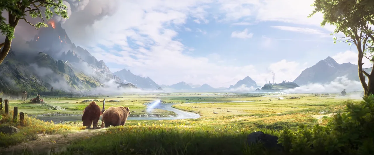Weite Wiesenlandschaft im Cinematic New Horizons mit zwei Bären an einem Fluss, fernen Bergen und einem rauchenden Vulkan