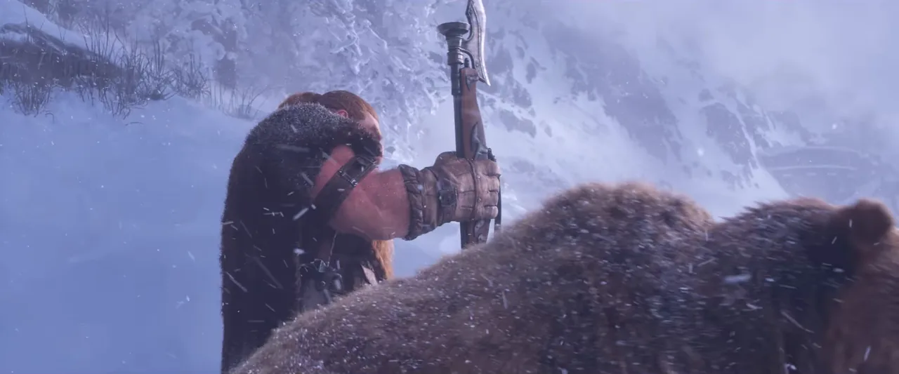 Bärtige Gestalt in einem pelzbesetzten Mantel, die neben einem Bären in einem Schneesturm eine Waffe hält, aus dem Cinematic New Horizons