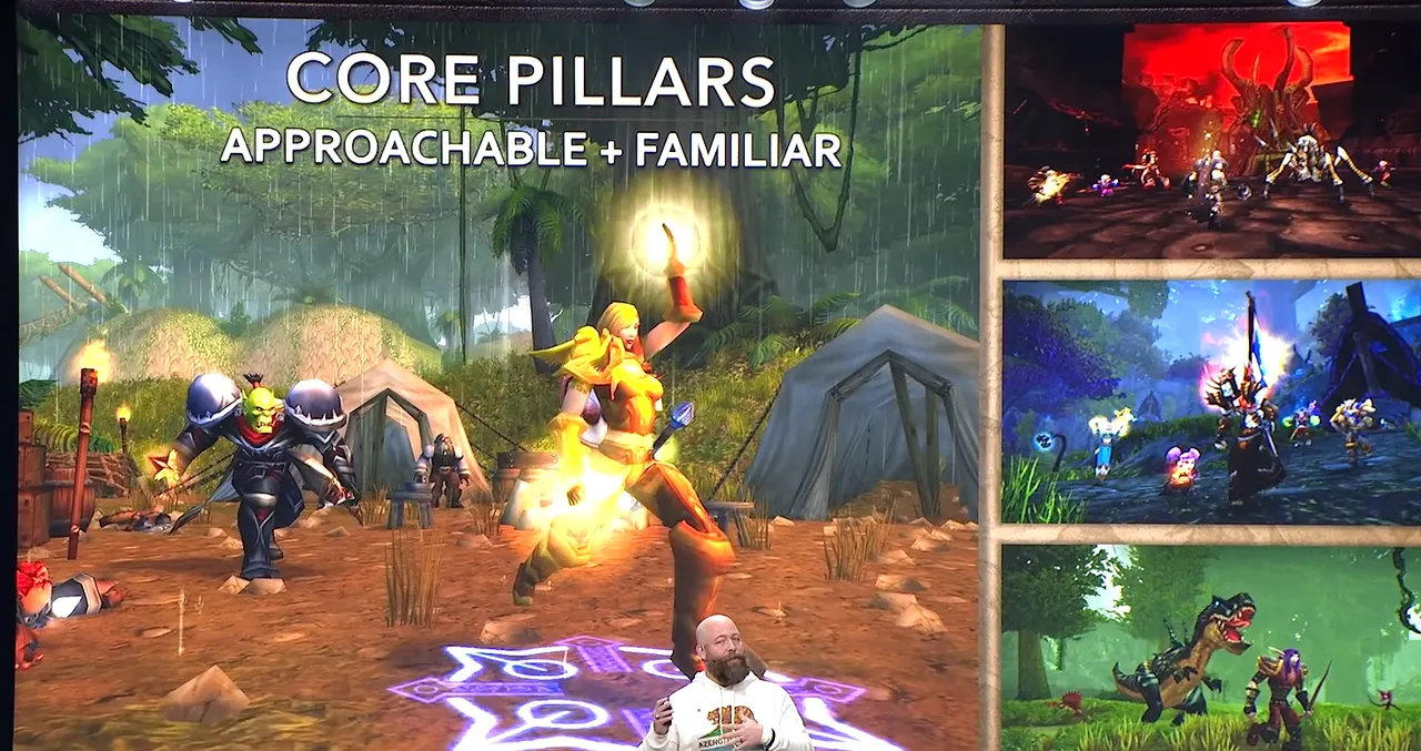 Folie des What's-Next-Panels mit dem Titel Core Pillars, Approachable plus Familiar, mit einem großen Ingame-Screenshot von Charakteren in einem Lager und drei kleineren Screenshots