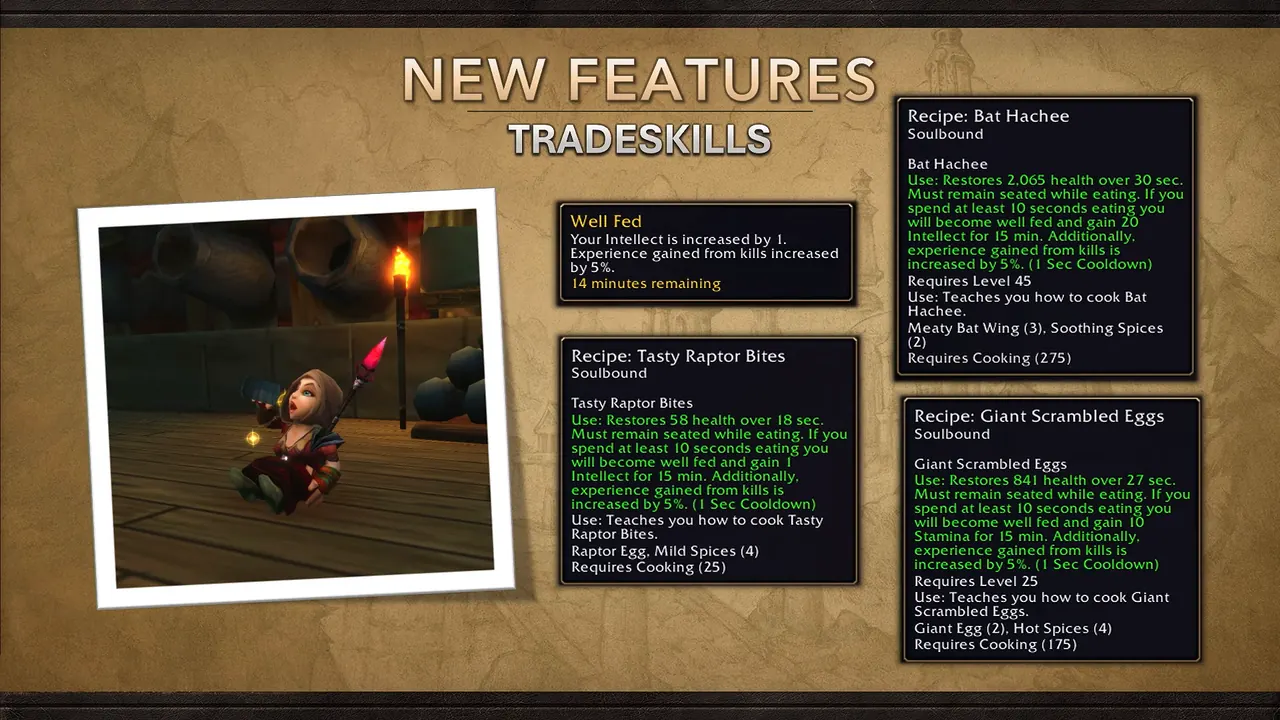 Diapositive Tradeskills du Deep Dive de Blizzard avec une infobulle Well Fed et des infobulles de recettes pour Délicieuses bouchées au raptor, Hachis de chauve-souris et Giant Scrambled Eggs