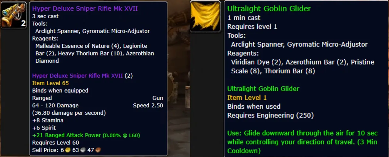 Beta-Tooltips für Hyper-Scharfschützengewehr Mk XVII Deluxe, das Legionitbarren und Schwere Thoriumbarren verwendet, und Ultraleichter Goblingleiter, der Ingenieurskunst 250 erfordert