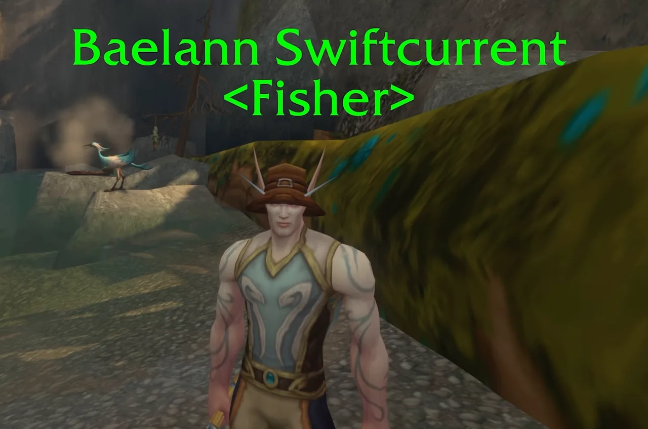 Baelann Swiftcurrent, un PNJ au chapeau marron portant l’étiquette Fisher, sur un chemin de gravier près d’une berge moussue dans des images de la bêta de WoW Forever